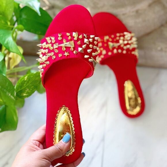 Red Flat Sandal Gold Spiky Slide - Picture 1 of 8